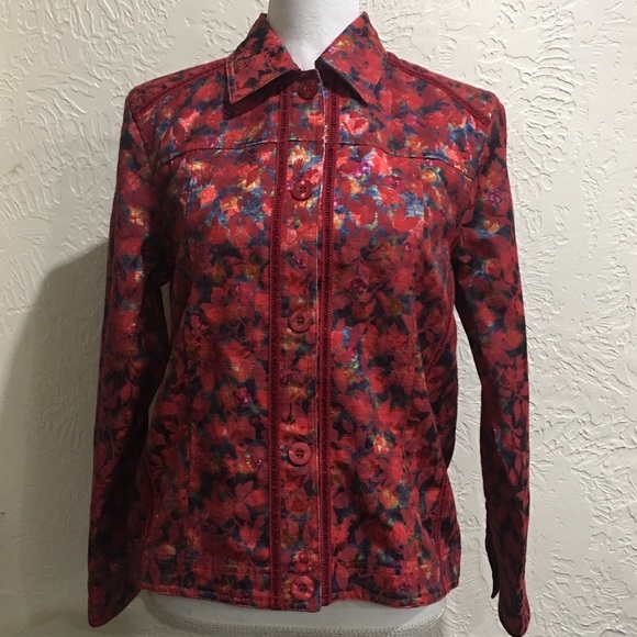 Coldwater creek women’s red floral reversible 2 in 1 button down jacket … - Picture 3 of 6
